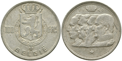 Бельгия 100 франков 1948 Belgie, королевская династия KM 139.1 серебро 1526-1325