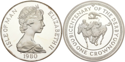 Остров Мэн 1 крона 1980 200 лет дерби, ипподромные скачки, в оригинальной коробке, с сертификатом KM 63а серебро PROOF 3-4-4-20