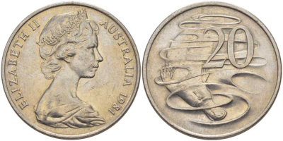 АВСТРАЛИЯ 20 ЦЕНТОВ 1981 ЕЛИЗАВЕТА II, МОЛОДОЙ ПОРТРЕТ, УТКОНОС KM 66 медно-никель 38-723