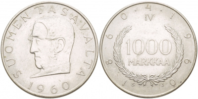 Финляндия 1000 марок 1960 S-J, 100 лет марочной системе Снеллмана (1860-1960) KM 43 серебро 650-245