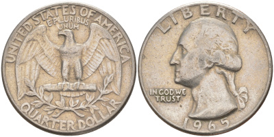 США 25 центов (квотер) 1965 Вашингтон KM 164a медь плакированная медно-никелем 08-635