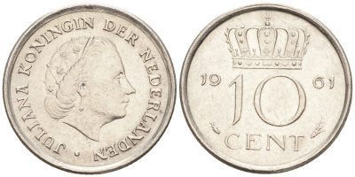 НИДЕРЛАНДЫ 10 ЦЕНТОВ 1961 ЮЛИАНА (1948-1980) KM 182 никель 188-1118