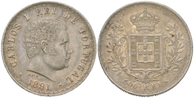 Португалия 500 реалов 1891 Карлуш I (1889-1908) KM 535 серебро 272-442