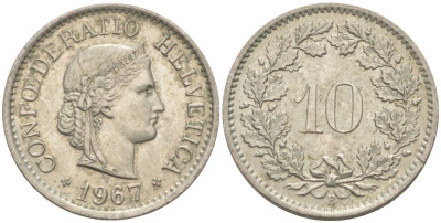 ШВЕЙЦАРИЯ 10 РАППЕНОВ 1967 В KM 27 медно-никель 55-354