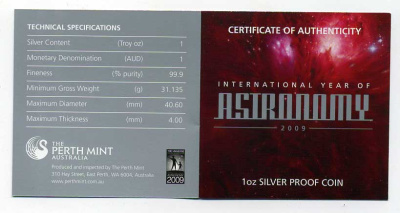 Австралия 1 доллар 2009 Международный год астрономии, цветная эмаль серебро PROOF 8-1-05-07