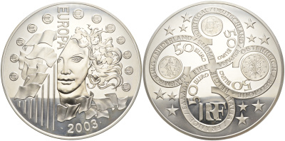 Франция 50 евро 2003 первая годовщина введения евро, оригинальная коробка, 1 килограмм серебро PROOF 14-01-01-02