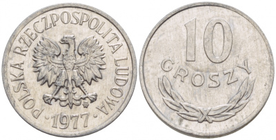 ПОЛЬША 10 ГРОШЕЙ 1977 MW KM АА47 алюминий 4549-762