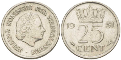 Нидерланды 25 центов 1951 Юлиана (1949-1980) KM 183 никель 214-916