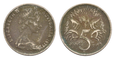 Австралия 5 центов 1977 Елизавета II (1952-2022) молодой портрет, ехидна KM 64 медно-никель 4655-1264