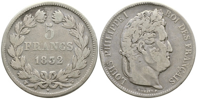 Франция 5 франков 1832 W, Луи Филипп I (1830-1848) KM 749.13 серебро 1066-6-44
