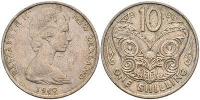 Новая Зеландия 10 центов 1967 Елизавета II (1952-2022), маска маори KM 35 медно-никель 4126-1224