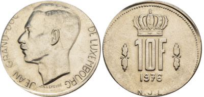 Люксембург 10 франков 1976 Великий герцог Жан (1964-2000), брак чекана KM 57 никель  UNC  413-5742