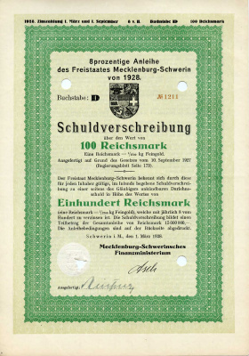 Германия 100 рейхсмарок 1928 Мекленбург-Шверин, Шверин, 8 % долговое обязательство   бумага   8803-87-1
