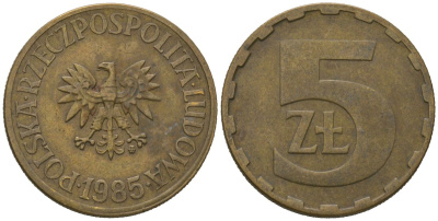 Польша 5 злотых 1985 MW Y 81.1 латунь 4620-412