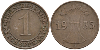Германия 1 рейхспфенниг 1935 J KM 37, J. 313, Weege 2 бронза 4516-749
