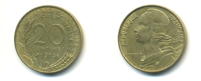 ФРАНЦИЯ 20 САНТИМОВ 1973 KM 930 медь алюминий никель 176-1054