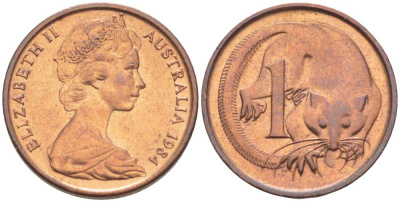 АВСТРАЛИЯ 1 ЦЕНТ 1984 ЕЛИЗАВЕТА II (1952-) МОЛОДОЙ ПОРТРЕТ, ОПОССУМ KM 62 бронза 4516-643