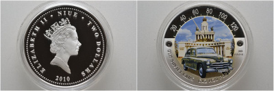 Ниуэ 2 доллара 2010 старые советские машины, ГАЗ М20 Победа KM 224 серебро PROOF 00-000-00