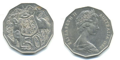 Австралия 50 центов 1980 Елизавета II (1952-2022), герб, кенгуру KM 68 медно-никель 84-1335