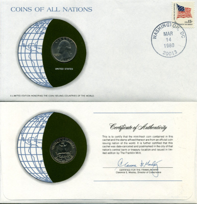 США 25 ЦЕНТОВ = КВОТЕР 1979 конверт с маркой первого дня гашения, Coins of Nations KM А164а медь плакированная медно-никелем UNC 4294-20-1