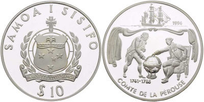 Самоа 10 тала 1994 Жан-Франсуа де Лаперуз (1741-1788), парусник KM 102 серебро PROOF 00-00-00
