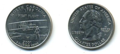 США 25 центов = квотер 2001 D, серия штаты США, Северная Каролина KM 319 медь плакированная медно-никелем 4388-747