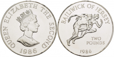 Джерси 2 фунта 1986 XIII игры Британского содружества в Эдинбурге KM 67.1a серебро UNC 1080-2-32