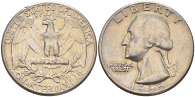 США 25 центов (квотер) 1965 Вашингтон KM 164a медь плакированная медно-никелем 08-511