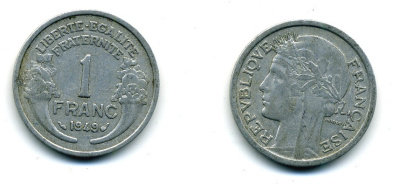 ФРАНЦИЯ 1 ФРАНК 1949 ТИП MORLON, LEGERE KM 885a 1, LE FRANC 221.15 алюминий 84-513
