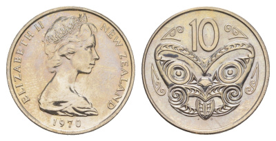 Новая Зеландия 10 центов 1970 Елизавета II (1952-2022), маска маори KM 41 медно-никель UNC 4652-635