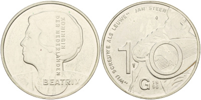 Нидерланды 10 гульденов 1996 Ян Стен, автопортрет с лютней, королева Беатрикс KM 223 серебро 1517-613