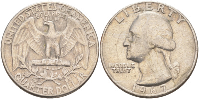 США 25 центов (квотер) 1967 Вашингтон KM 164a медь плакированная медно-никелем 4525-916