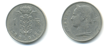 БЕЛЬГИЯ 1 ФРАНК 1963 BELGIE KM 143.1 медно-никель 86-1323