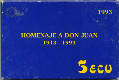 Испания 5 экю 1993 Хуан Карлос I (1913-1993), парусник, в оригинальной деревянной коробке, с сертификатом  серебро  PROOF  4-3-1-14