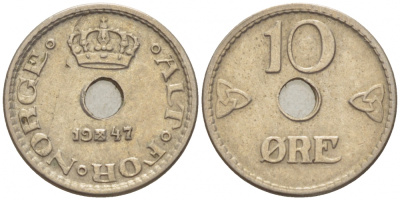 НОРВЕГИЯ 10 ЭРЕ 1947 ХОКОН VII (1905-1957) KM 383 медно-никель 3457-1223