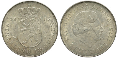 Нидерланды 10 гульденов 1973 25 лет правления королевы Юлианы KM 196 серебро 443-811