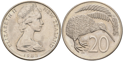 Новая Зеландия 20 центов 1983 Елизавета II (1952-2022), птичка киви KM 36.1 медно-никель 4599-1046