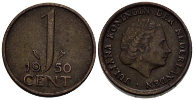 НИДЕРЛАНДЫ 1 ЦЕНТ 1950 КОРОЛЕВА ЮЛИАНА KM 180 бронза 3955-111