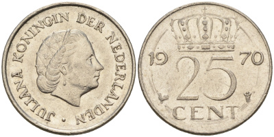 Нидерланды 25 центов 1970 Юлиана (1949-1980) КМ 183 никель    4124-125
