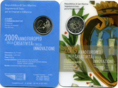 Сан-Марино 2 евро 2009 креатив и инновации, в оригинальном буклете биметалл UNC 6-5-2-15