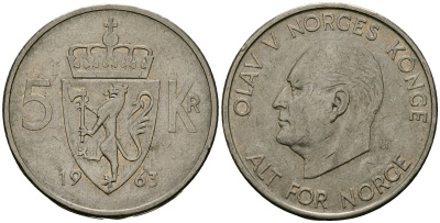 Норвегия 5 крон 1963 Улаф V (1958-1991) KM 412 медно-никель 4389-914