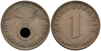 Германия 1 рейхспфенниг 1939 G KM 89, J 361 бронза 4136-1235