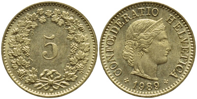 ШВЕЙЦАРИЯ 5 РАППЕНОВ 1989 KM 26с алюминий латунь 4396-1134