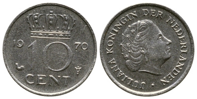 Нидерланды 10 центов 1970 Юлиана (1948-1980) KM 182 никель 3334-415