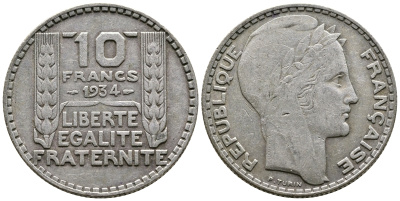 Франция 10 франков 1931 Пьер Тюрен KM 878, Le Franc 360.4 серебро 4683-1025