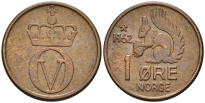 Норвегия 1 эре 1962 белка, Улаф V (1958-1991) KM 403 бронза аUNC 4580-942