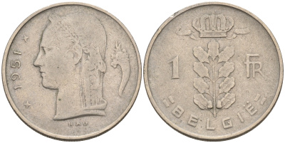 БЕЛЬГИЯ 1 ФРАНК 1951 BELGIE KM 143.1 медно-никель 4563-1157