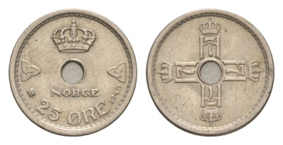 Норвегия 25 эре 1949 Хокон VII (1905-1957) KM 384 медно-никель UNC 4632-1225