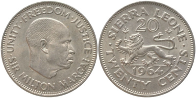 Сьерра-Леоне 20 центов 1964 Милтон Маргаи KM 20 медно-никель UNC 73-313
