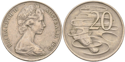 Австралия 20 центов 1973 Елизавета II (1952-2022), утконос KM 66 медно-никель 4131-911